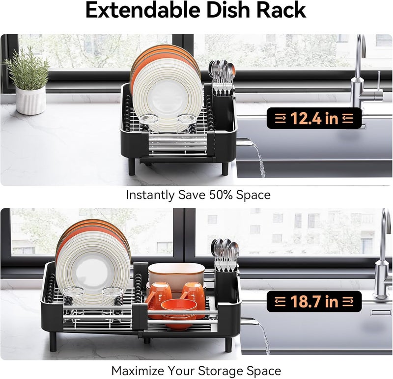 Urackify Stainless Steel Dish Drying Rack - Dish Drainer for Kitchen Counter, Extendable Drainboard with Foldable, Space-Saving Cup & Bowl Organizer, Includes Knife and Utensil Holder, Black - Image 3